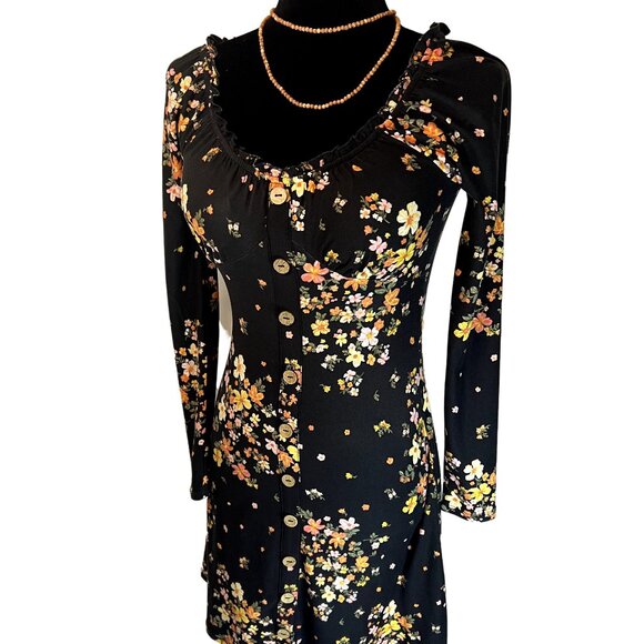 No Boundaries Floral Black Dress Long Sleeve Button Size Small Casual Fall NWOT - Picture 2 of 8